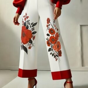 تألقي بأناقة عصرية: بنطال الخصر العالي بقصة الساق الواسعة وطبعة الزهور الراقية