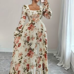 أناقة مزهرة: فستان البليسيه بنقوش زهرية لإطلالة ربيعية-خريفية لا تُنسى