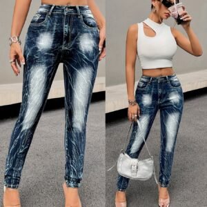 أناقة عصرية وجاذبية فريدة: بنطلون جينز بخصر عالٍ وتصميم رخامي هندسي!