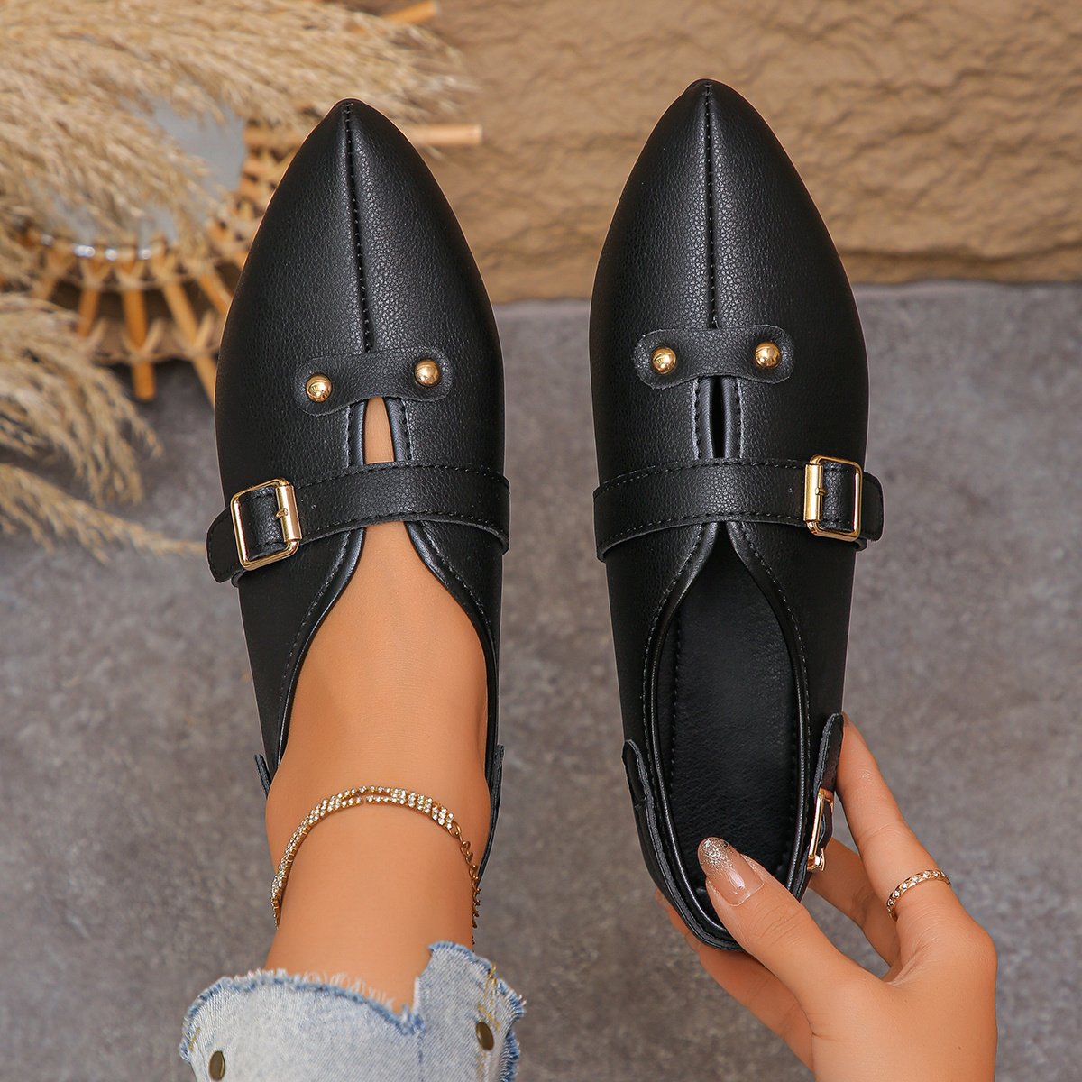 Chic White Pointed Flats with Captivating Gold Details - Image 3