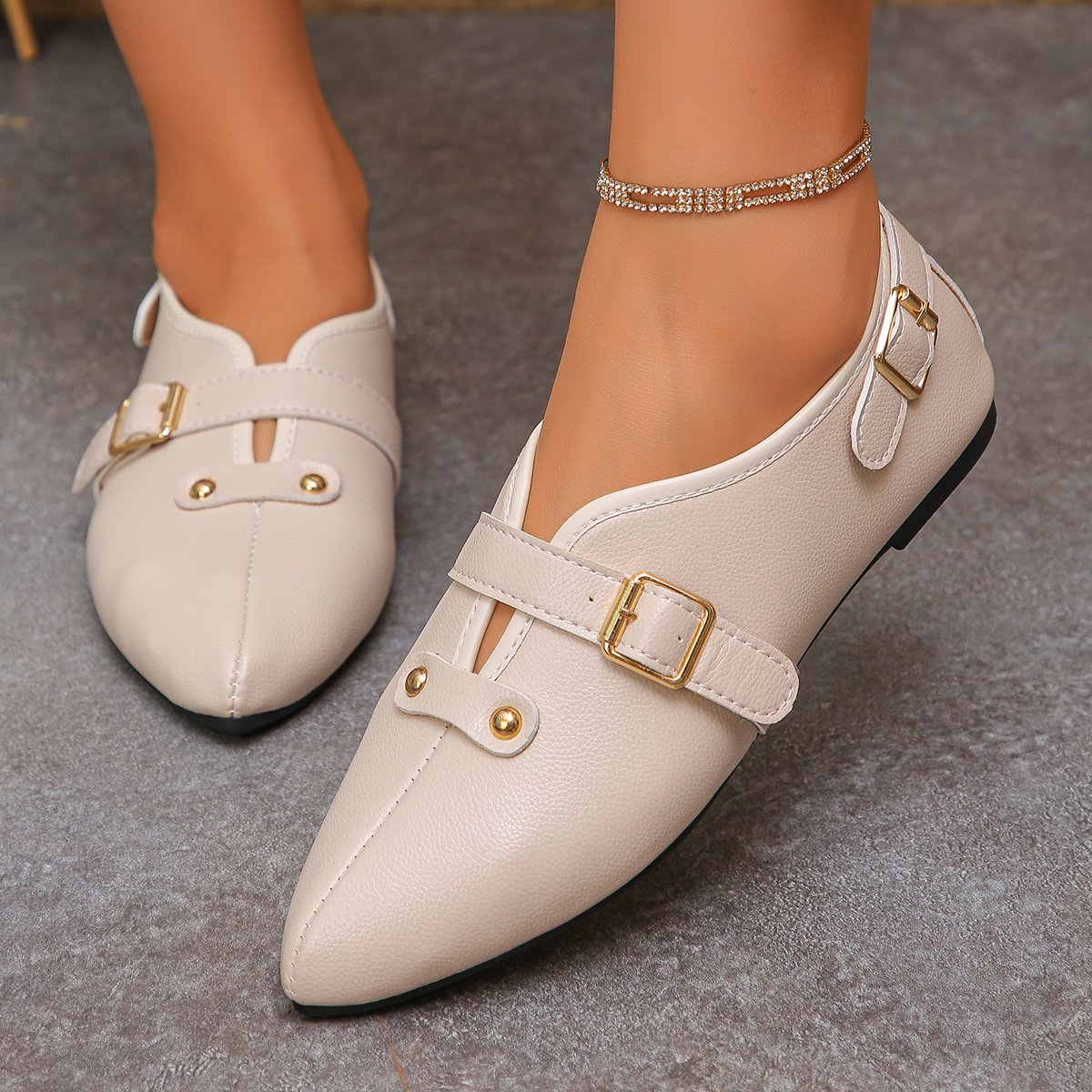 Chic White Pointed Flats with Captivating Gold Details
