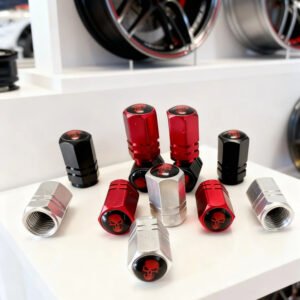 Bold Protection: Red Skull Valve Stem Caps Set (4 Pieces)