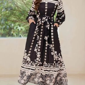 Enchanting Elegance: Floral Midi Dress with Belt and Lantern Sleeves for an Unforgettable Look