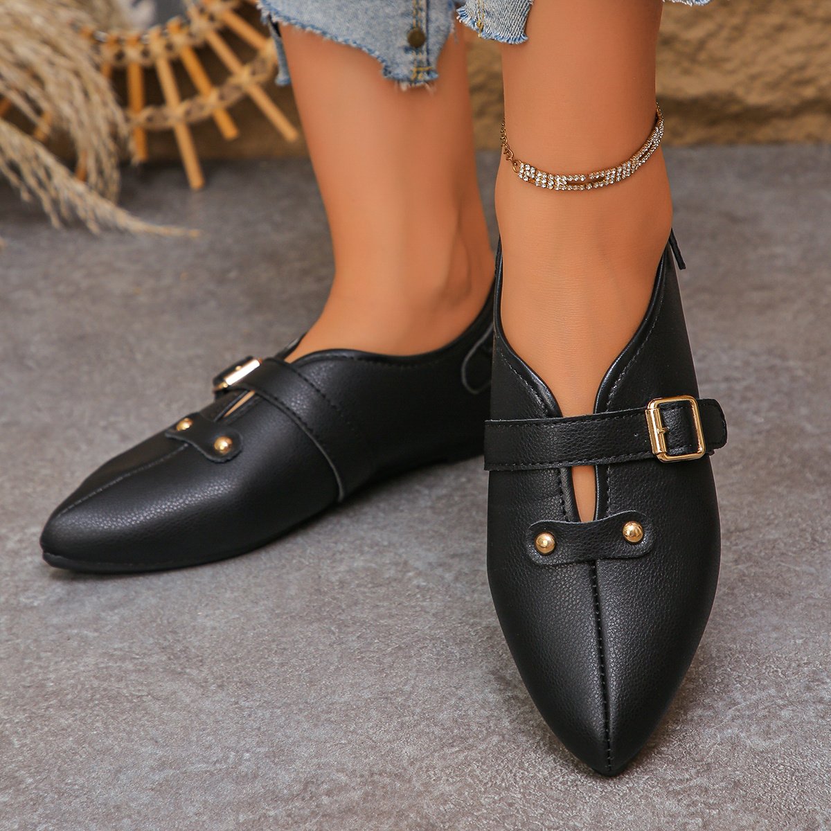 Chic White Pointed Flats with Captivating Gold Details - Image 6