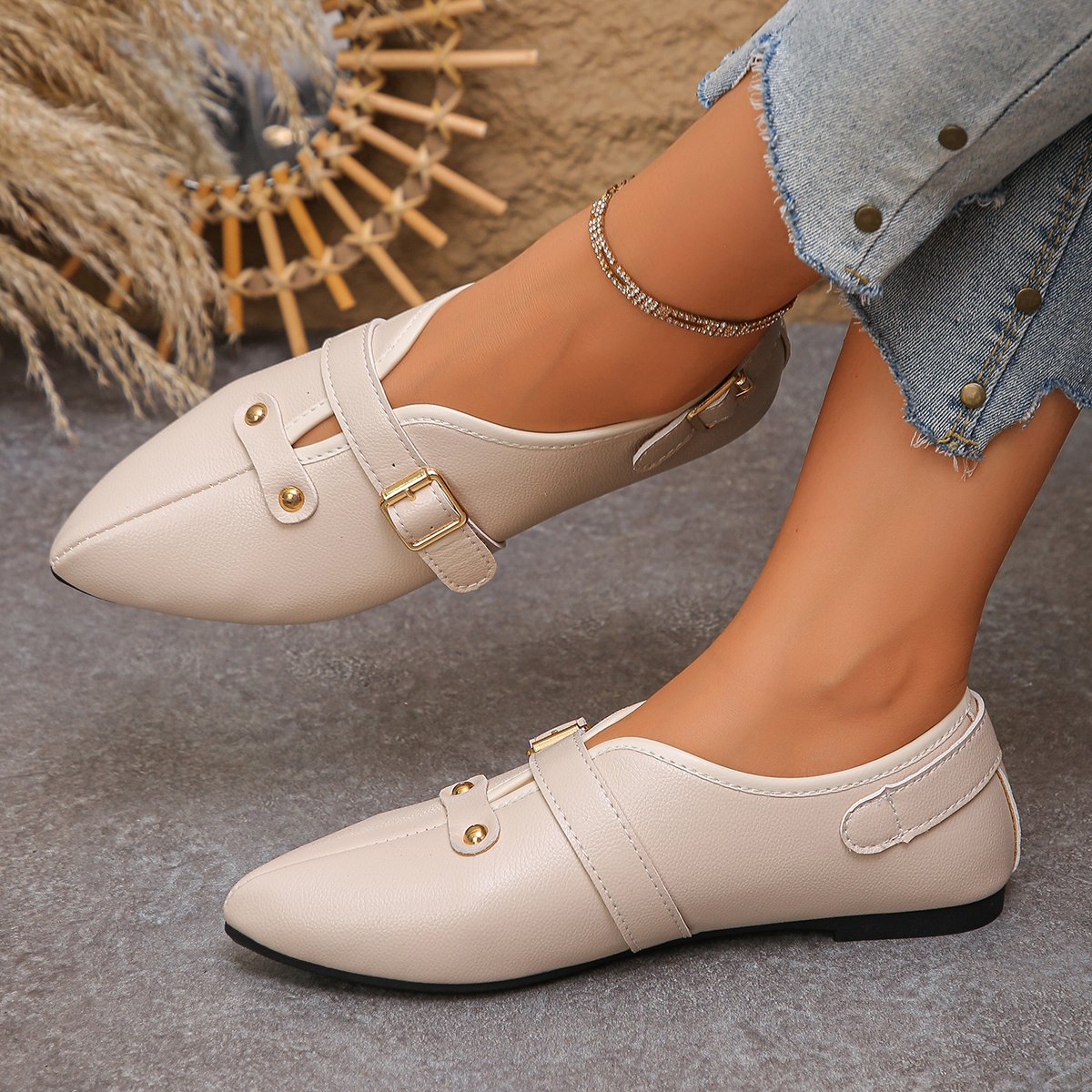 Chic White Pointed Flats with Captivating Gold Details - Image 10