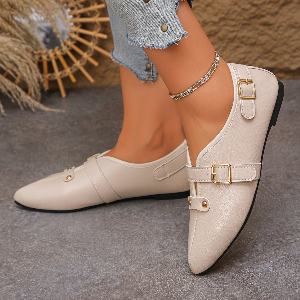 Chic White Pointed Flats with Captivating Gold Details - Image 11