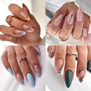 Instant Nail Elegance: 96pcs Almond & Shimmering Green Leaf Design!