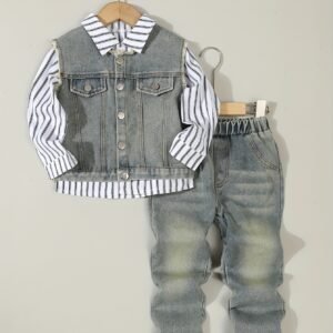 Little Fashion Star: Three-Piece Retro Denim Set for Contemporary Style!