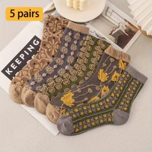 مجموعة الأناقة العتيقة: 5 أزواج جوارب زهور رقيقة لخطوات ساحرة