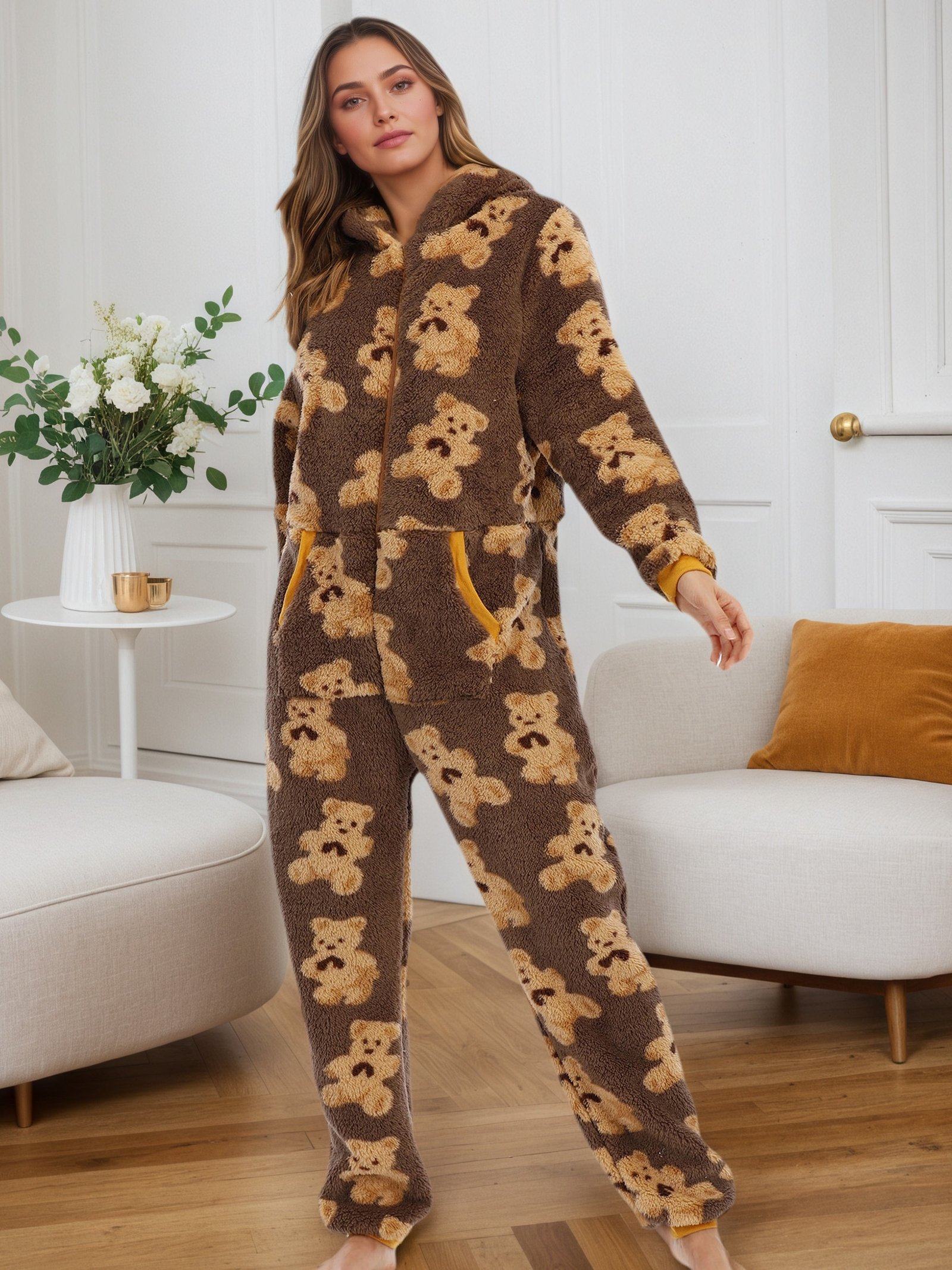 אמצי את החום והאלגנטיות: פיג'מת הדוב הקטיפתית עם קפוצ'ון! – תמונה 6