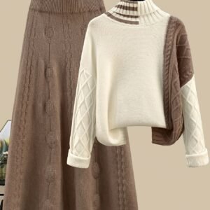 Ultimate Winter Elegance: Luxury Cable Knit Sweater and Skirt Set