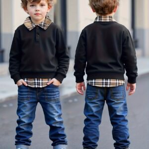Stylish Fall Outfit for Little Heroes: Plaid Shirt & Comfy Jeans Set!