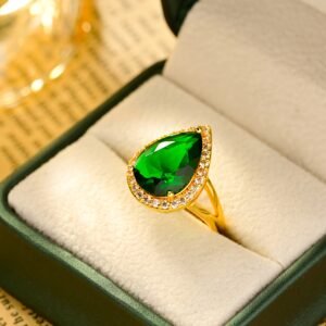 24K Gold-Plated Emerald Charm Ring: Timeless Elegance