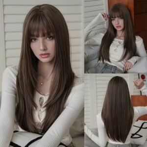 إطلالة ساحرة بلا عناء: شعر مستعار بني داكن مستقيم مع غرة جذابة!