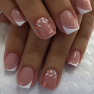 Charming Instant Nails: French Elegance with Golden Touch & Modern Leaf Design