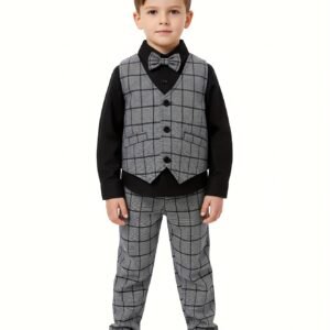 بدلة الأناقة العصرية للأولاد: طقم كاروهات رمادي بثلاث قطع لربيع وخريف ساحر!