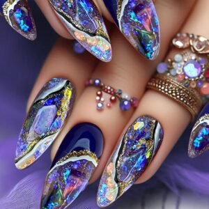 Glam Up with Ease: Charming Blue Almond Press-On Nails!
