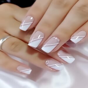 French Nail Elegance: Sparkling White Diamond Accent