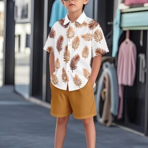 Summer Glow: 3D Palm Leaf Print Casual Boys' Set!