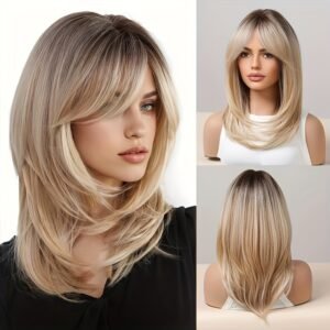 تألقي بأناقة: شعر مستعار أشقر مموج بجذور داكنة وغرة عصرية