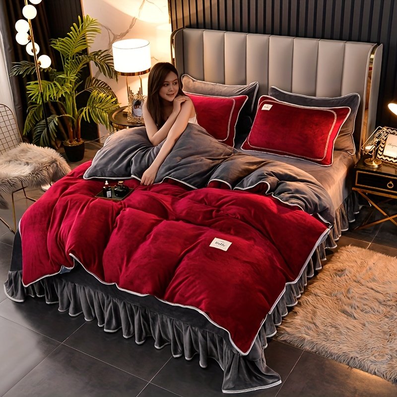 دفء مخملي فاخر: طقم مفروشات السرير المزدوج 4 قطع لتجربة نوم لا تُنسى - الصورة 9