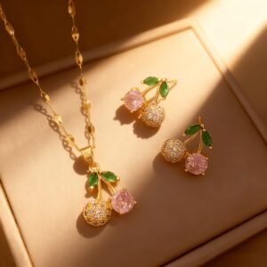 تألقي ببريق لا يزول: طقم مجوهرات الكرز الذهبي الفاخر!