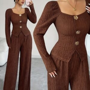 Ultimate Winter Style: Knit Top and Pants Set with a Metallic Rose Accent