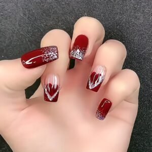 Shine with a Touch of Love: Red Press-On Nails with Glittery Hearts!