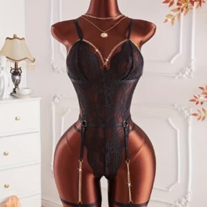 Black Lace Allure: Captivating Chain Bodysuit