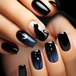 Black Cat & Moon Press-On Nails: The Magic of Instant Elegance at Your Fingertips!