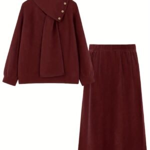 Luxurious Autumn/Winter Scarf Collar Top and Matching Skirt Set