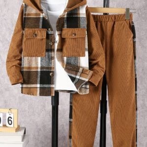 Stylish Warmth and Adventure: Boys' Plaid Flannel Hooded Set!