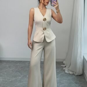 طقم الأناقة العصرية: فيست بياقة V وبنطال واسع الساقين