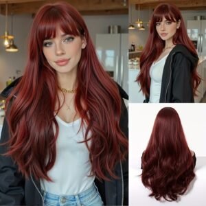 إطلالة ساحرة بلا مجهود: باروكة النبيذ الأحمر المموجة بالطول المثالي!