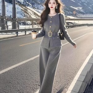 Your Ultimate Winter Look: Knitted Sweater and Pants Set with Belt
