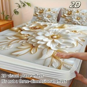 لمسة فخامة ذهبية: طقم مفرش ورد اللؤلؤ بتأثير ثلاثي الأبعاد