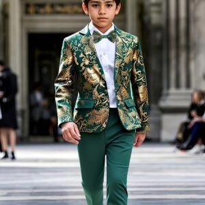 إطلالة الأمير الصغير: بدلة المناسبات الفاخرة بالذهبي الأخضر