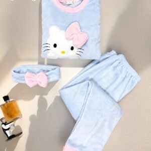 دفء هيلو كيتي الآسر: طقم بيجامة الفلانيل الشتوية مع هدية ربطة الرأس!