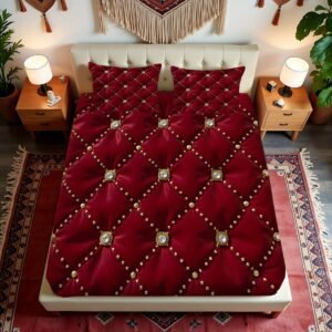 رفاهية لا مثيل لها: طقم مفروشات الماسي الأحمر الفاخر لغرفة نوم أحلامك