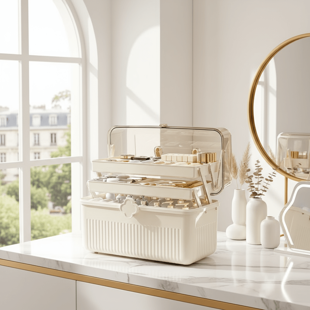 Triple-Layer Beauty Organizer: Elegance, Organization, and Portability!
