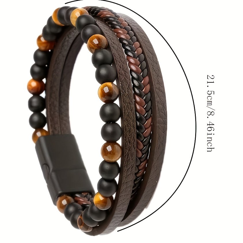 זוהר גברי ייחודי: סט צמידים משולש מאבנים טבעיות ועור – תמונה 2