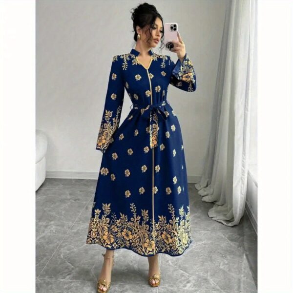 Women's Middle Eastern-Inspired Long Sleeve Dress - Deep Blue & Golden Floral Print, Waist Belt, Breathable Machine-Washable Fabric for Spring/Summer Formal & Casual Occasions, Elegant Attire, Sophisticated Style, Quality Stitching, Stylish Outfit, Summer Wardrobe - Image 6