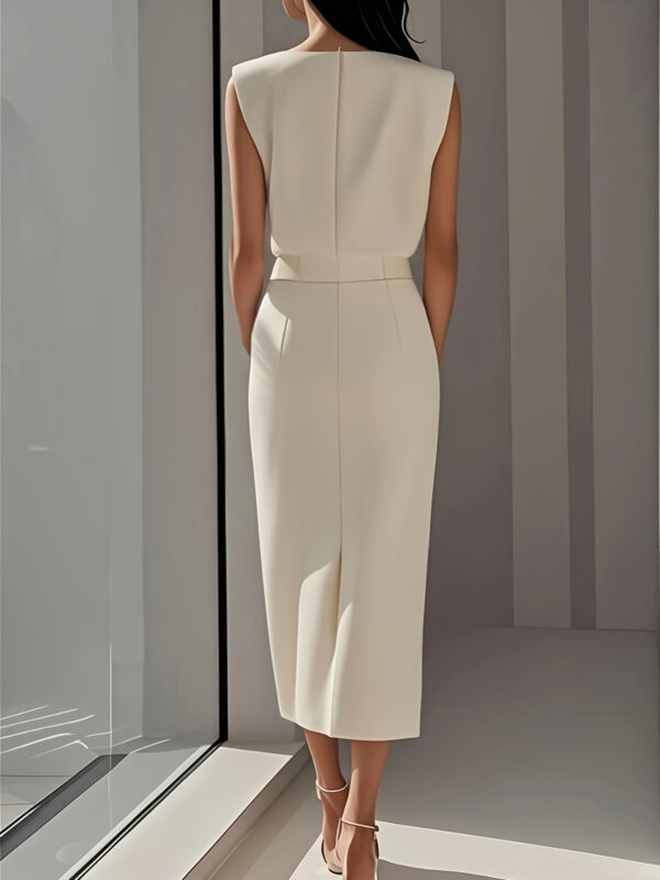 Elegant Beige Midi Dress with Button Details and High-Slit Hem - Sleeveless, Round Neck, Cinched Waist, Flowing Design for Women, Perfect for Spring/Summer/Fall, Versatile Fashion | Round Neck Dress | Button Detailing, Cute Dresses - Image 12