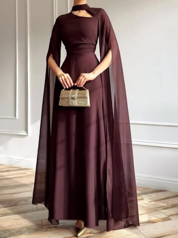 1pc Elegant Evening Long Dress with Cape Sleeves & Lace-Up Back - A-Line Stand Collar Solid Color Wedding Guest Gown, Machine Washable Spring/Summer Formal Dress for Women, Dresses for Wedding, Sophisticated Tailoring - Image 11