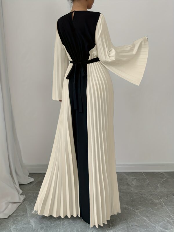 Women's Elegant Color Block Pleated Flared Sleeve Maxi Dress - High Neck Fitted Long Dress with Black & White Contrast, Machine Washable Spring/Summer Formal & Casual Outfit, Long Sleeve Dresses, Spring Fashion, Flowing Material, Office Wear - Image 4