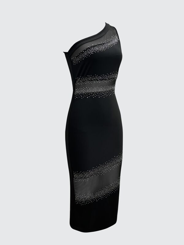 Elegant Rhinestone-Embellished Black Mesh Tube Dress - Sleeveless, Asymmetrical Neckline, Polyester, Perfect for Parties and Events, Glamorous Event Attire | Asymmetrical Neckline | Sparkling Details, Rhinestone Embellishments - Image 9