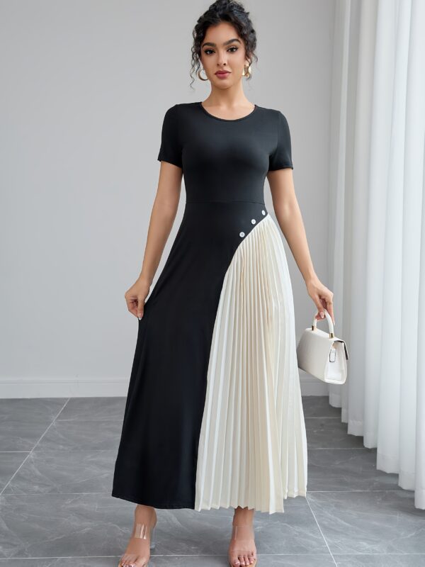 Elegant Women'S High-Waist Pleated Dress with Button Detail - Black & White Color Block, Round Neck, Short Sleeve, Breathable Polyester Blend for Spring/Summer/Fall, Versatile Fashion | Button Detail Dress | Polyester Blend