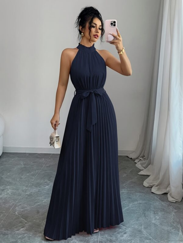 Elegant Gradient A-Line Midi Dress with Ruffle Detail, Tie Waist & Pleated Design - Sleeveless Round Neck for Women - Spring/Summer Collection, Cute Dress - Image 4
