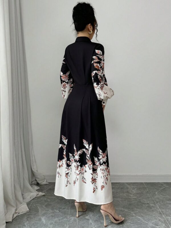 Women's Elegant Contrast Collar Floral Print Shirt-Style Dress - Long Sleeve Spring Summer Machine Washable Black & White with Color Accents for Casual to Formal Occasions, Dress Blouses Elegant, Formal Attire, Sophisticated Fashion, Smooth Fabric - Image 2