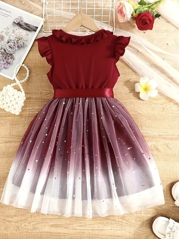 Elegant Vintage-Inspired Starry Sky Sequin Mesh Ruffle Dress with Belt - Sleeveless A-Line Princess Skirt for Girls, Valentine'S Day Gift, and Summer Parties, Summer Party Dress | Vintage Princess Dress | Sequin Embellishments, Princess Dres - Image 5